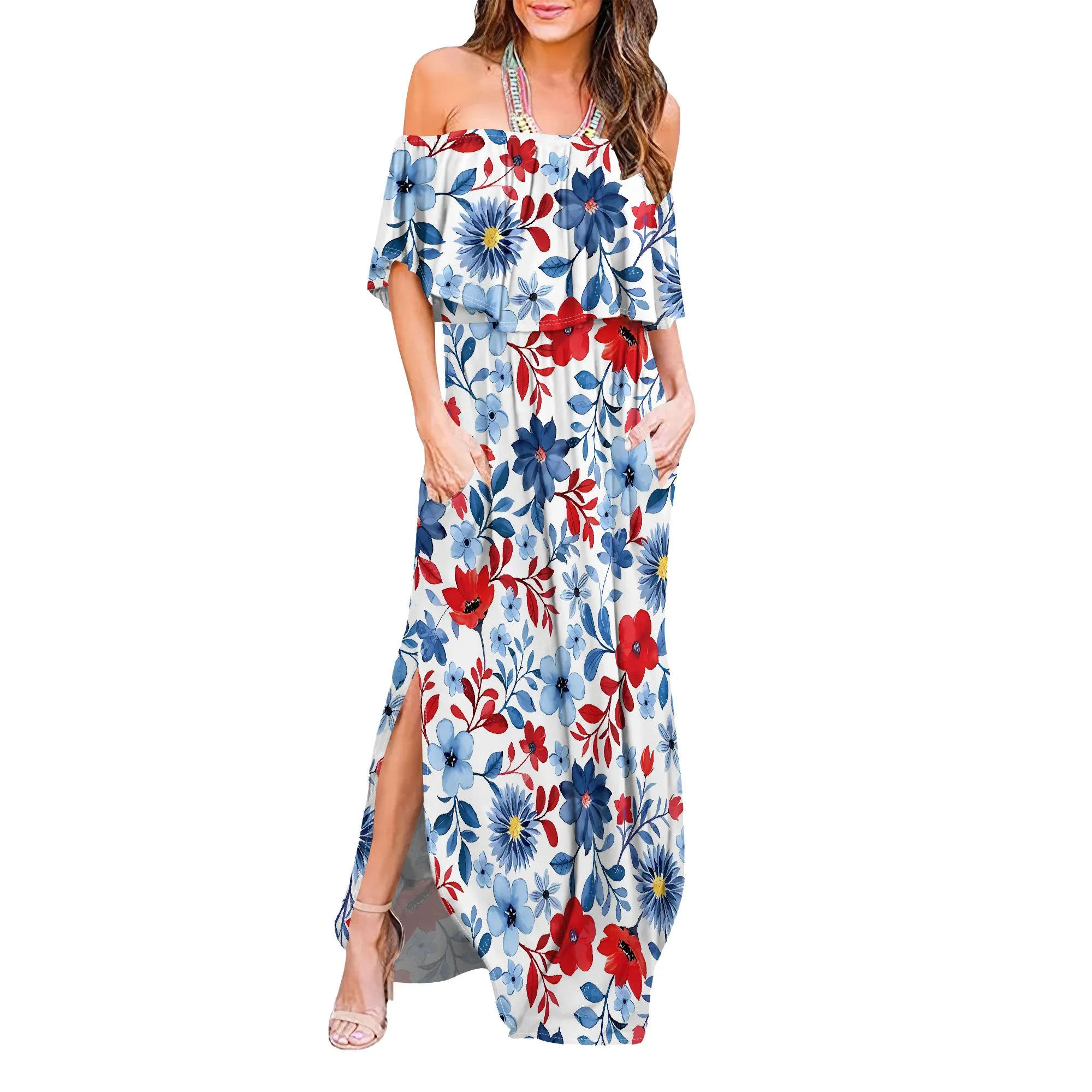 Nupusa ดอกไม้พิมพ์ปิดไหล่ Maxi ชุดผู้หญิงฤดูร้อนหลวมชุดยาว
