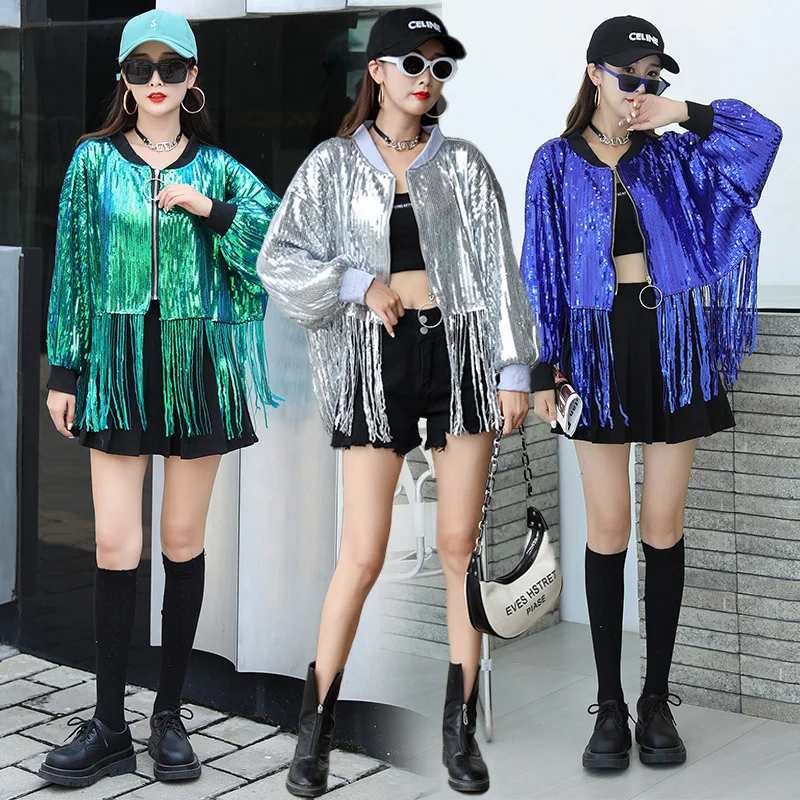 Shiny Tassel Jacket Women's Short Stage Clothing Bling Trendy Spring Autumn Polyester Fabric Flashing Top Ladies' Coat