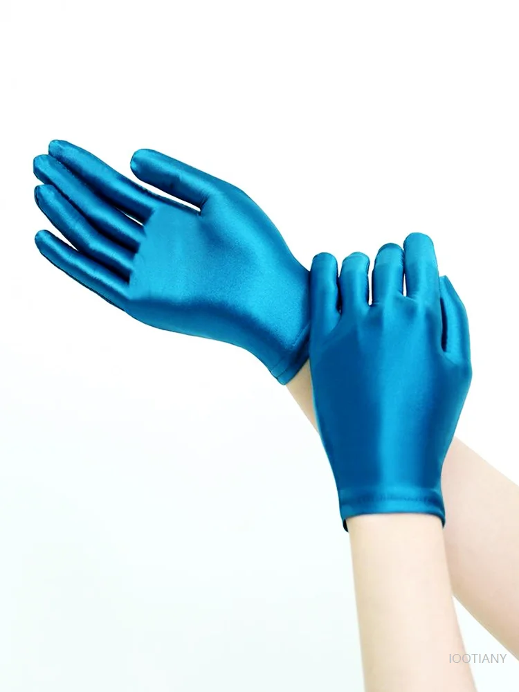 Dames stretch satijn glanzende vingerloze handschoenen sexy glinsterende prestaties rollenspel korte handschoenen kostuum sieraden display 2026