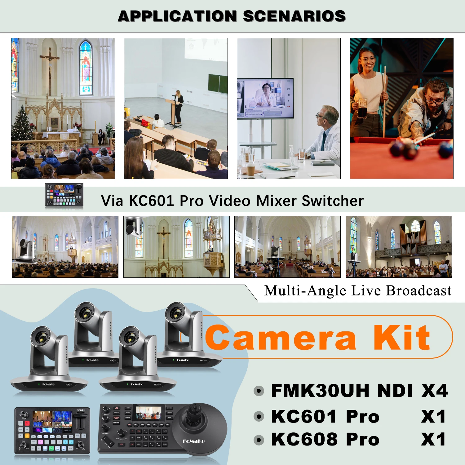 BN650 4*FMK30UH NDI Camera 30X HDMI PTZ Camera Bundle with 1pc PTZ Camera Control Joystick and 1PC Video Mixer Switcher