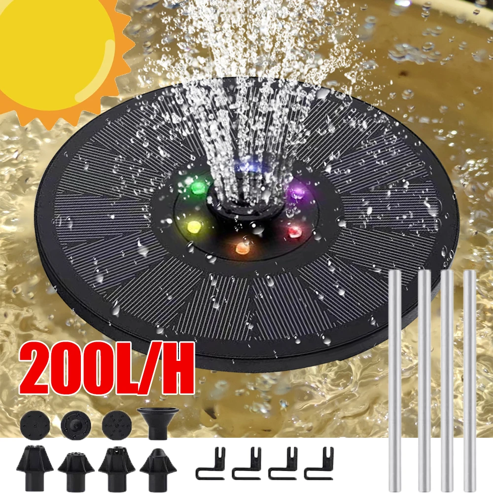 

3W Solar Power Bird Bath Fountain Pump 120CM Solar Powered Floating Fountain Pump with 6 Nozzles & LED Light Garden Decoration