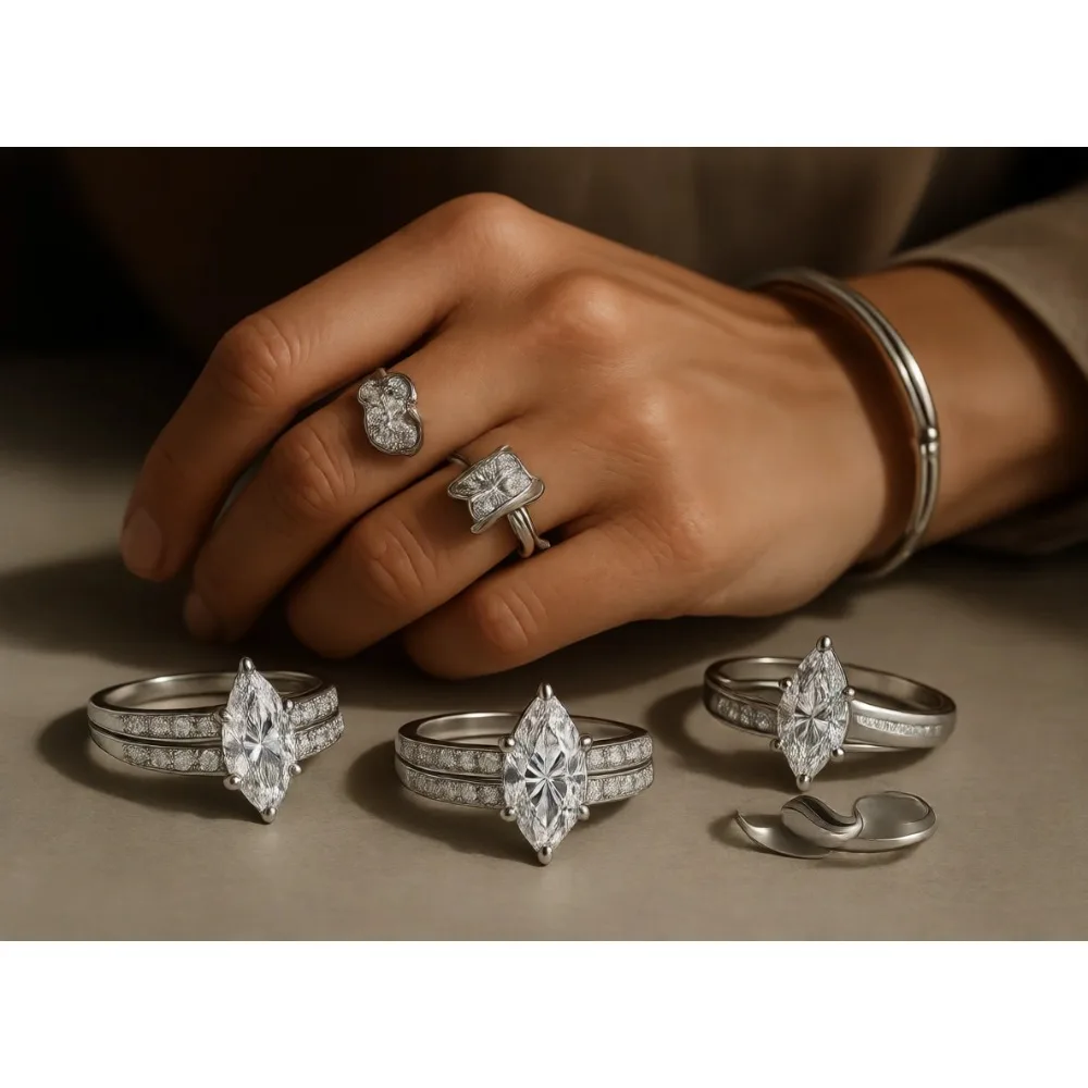 

Комплект из 2 обручальных колец с кубическим цирконием для женщин, огранка маркиз, размеры 4-11, 2 шт.