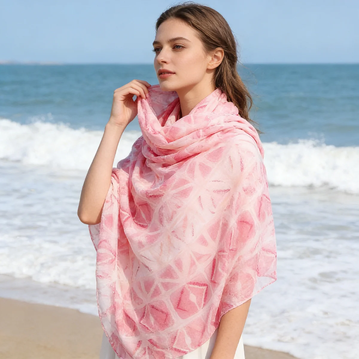 

Women's Pink Geometric Rhombus Tie-dye Print Scarf, Lightweight Breathable Polyester Neck Scarf, 88x180cm Large Decorative Shawl