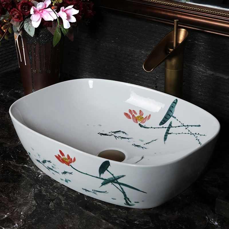 Chinese Europe Vintage Style Art wash basin Ceramic Counter Top Wash Basin Bathroom Sinks blue and white flower wash basin