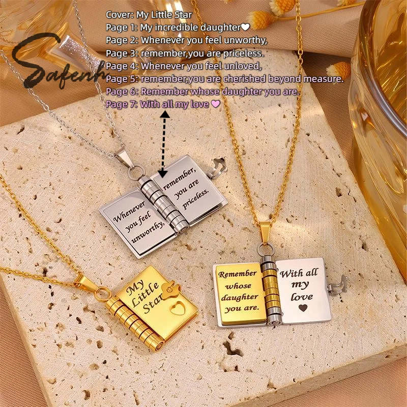 Stainless Steel My Little Star Engrave Book Pendant Necklace For Daughter Love Openable With 7 Pages Gift Women's Sweater Chain