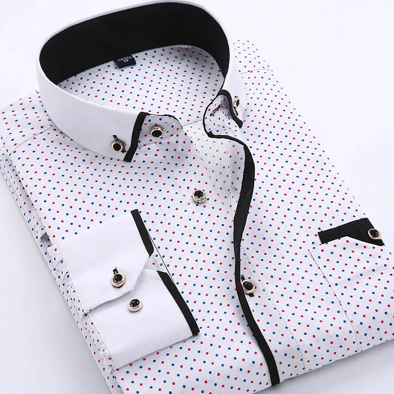 

Men's Fashion Printed Slim Fit Business Formal Shirt Casual Youth Turn Collar Long Sleeve Shirts For Men Top