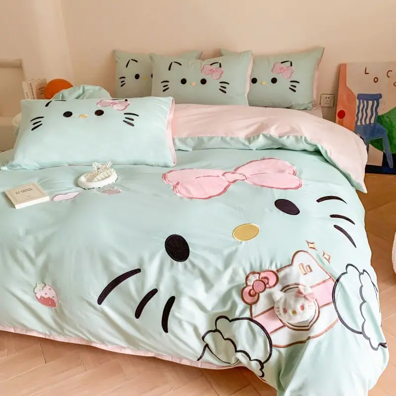 

Genuine Kitty Bed 4pcs Set 100%cotton Patch Embroidered Ins Cartoon Quilt Cover Bed Sheet Pillowcase 3pcs Set