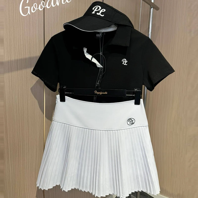 

PL Sports Fashion Golf Shirt Women Breathable V-Neck Polo Tops Short Sleeve Tees Ladies Pleated Skirt Tennis Golf Skorts