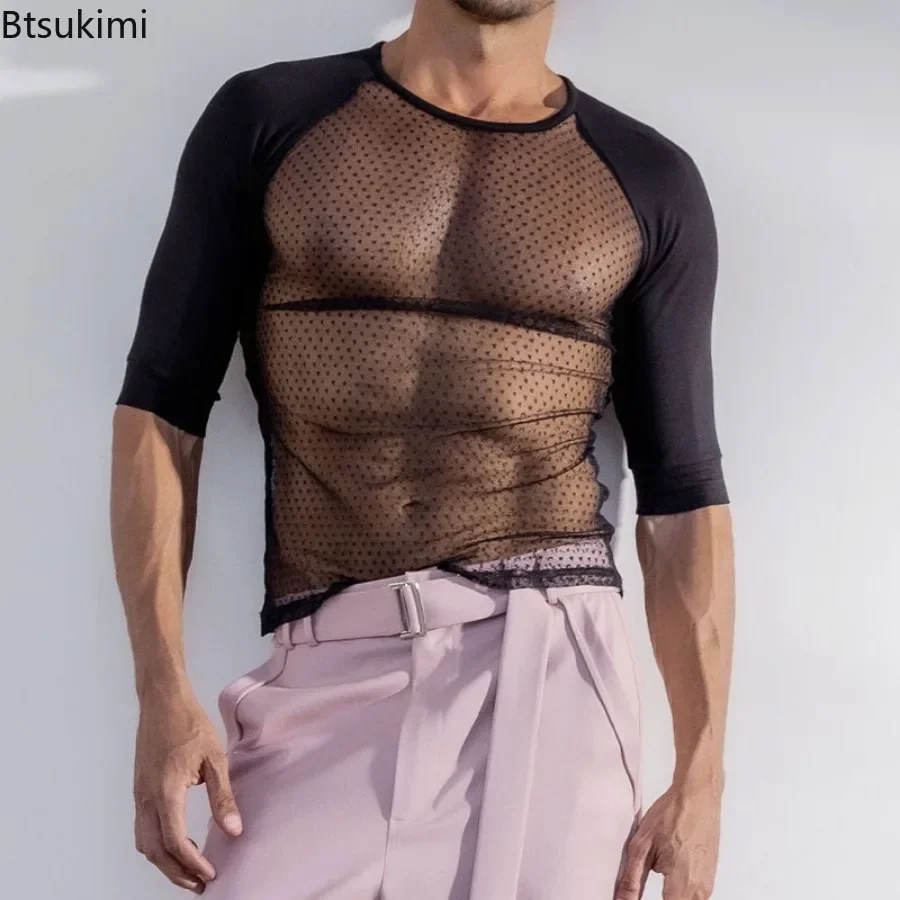 2024 Trend Party Nightclubs Style Tops Men\'s See-through Short Sleeve Patchwork T-shirts Sexy Mesh Thin Transparent Tees for Men