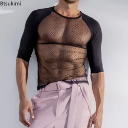 2024 Trend Party Nightclubs Style Tops Men's See-through Short Sleeve Patchwork T-shirts Sexy Mesh Thin Transparent Tees for Men