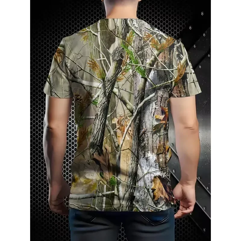 3D Digital Print Men Realistic Forest Tree Camo T Shirt 2026 Wood Leaf Hunting Print Crew Neck Short Sleeve Tops Casual Tee