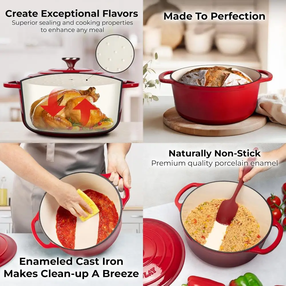 

Enameled Cast Iron 6-Quart Dutch Oven with Lid - Oven-Safe to 500°F, Ideal for Baking, Stews, Braising, Roasting - Red