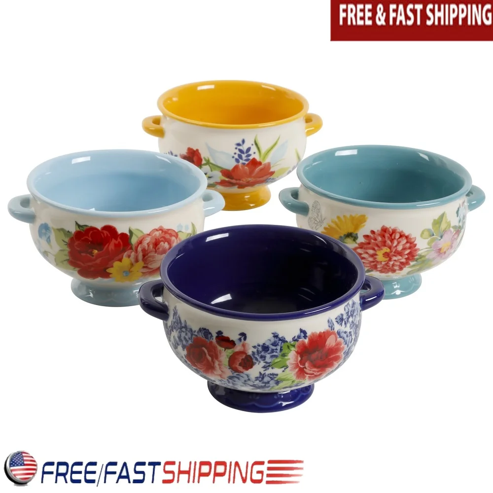 

Керамограничные миски для супа с цветочным принтом Medley, 20 унций, набор из 4 предметов, можно мыть в посудомоечной машине, в микроволновой печи, идеальное повседневное использование, особые случаи