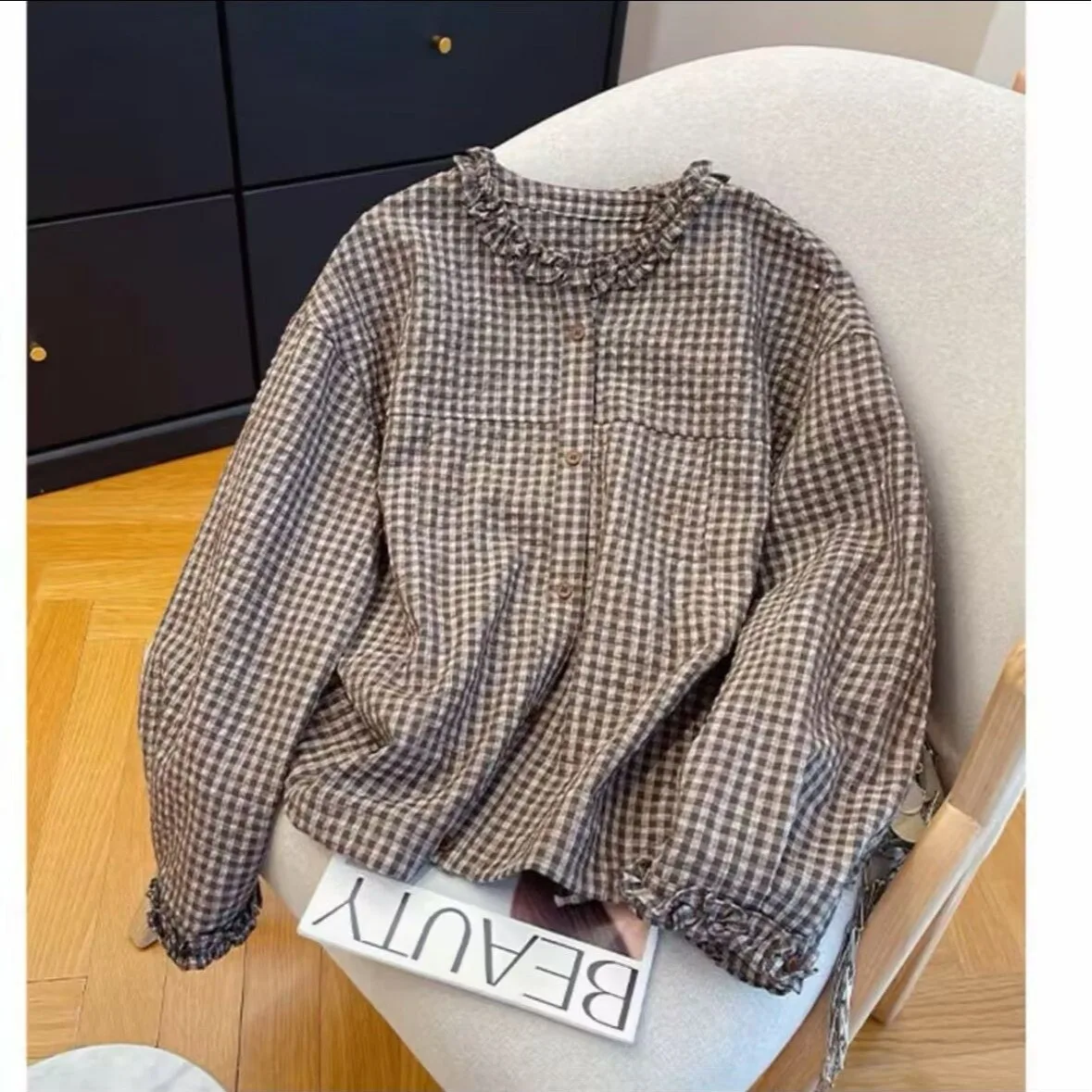 Retro Style Women's Long Sleeve Shirt Loose Fit round Neck Plaid Top Breathable Comfortable Polyester Spring Autumn Fashion