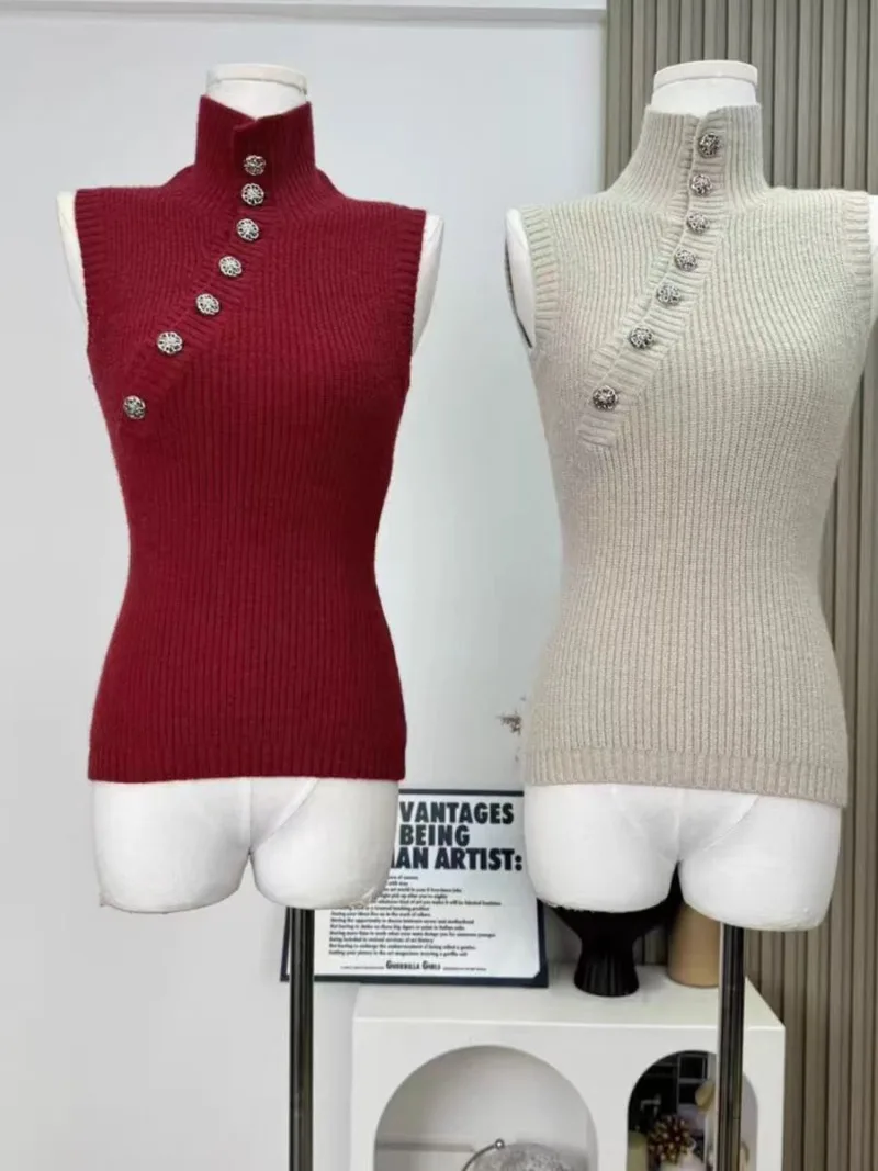

Y2K Women's High Collar Metal Button Sleeveless Knitted Sweater Vest Korean Style Stretch Slim Bottoming Tank Tops 2025