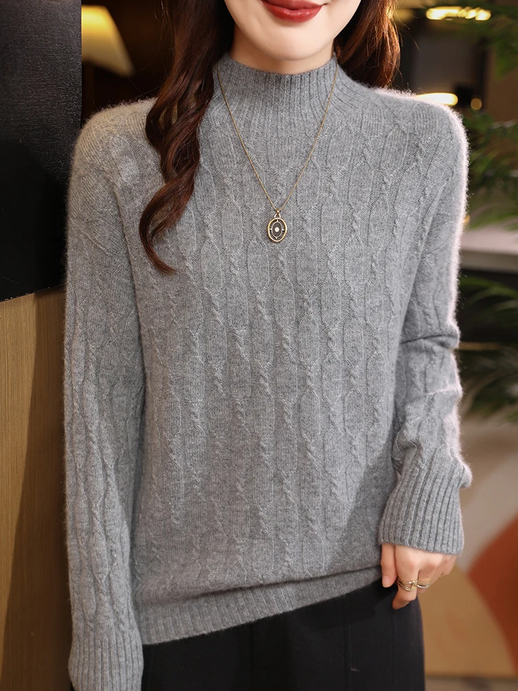 

Merino 100% wool women's semi high neck autumn and winter thick casual fashionable knitted cashmere sweater