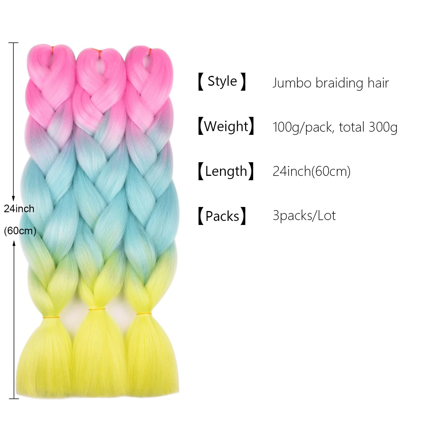 Jumbo Braiding Hair Ombre 3 Colors Mix Braiding Hair Kanekalon Synthetic Hair Rainbow Colors Extensions Pink Light Blue Yellow