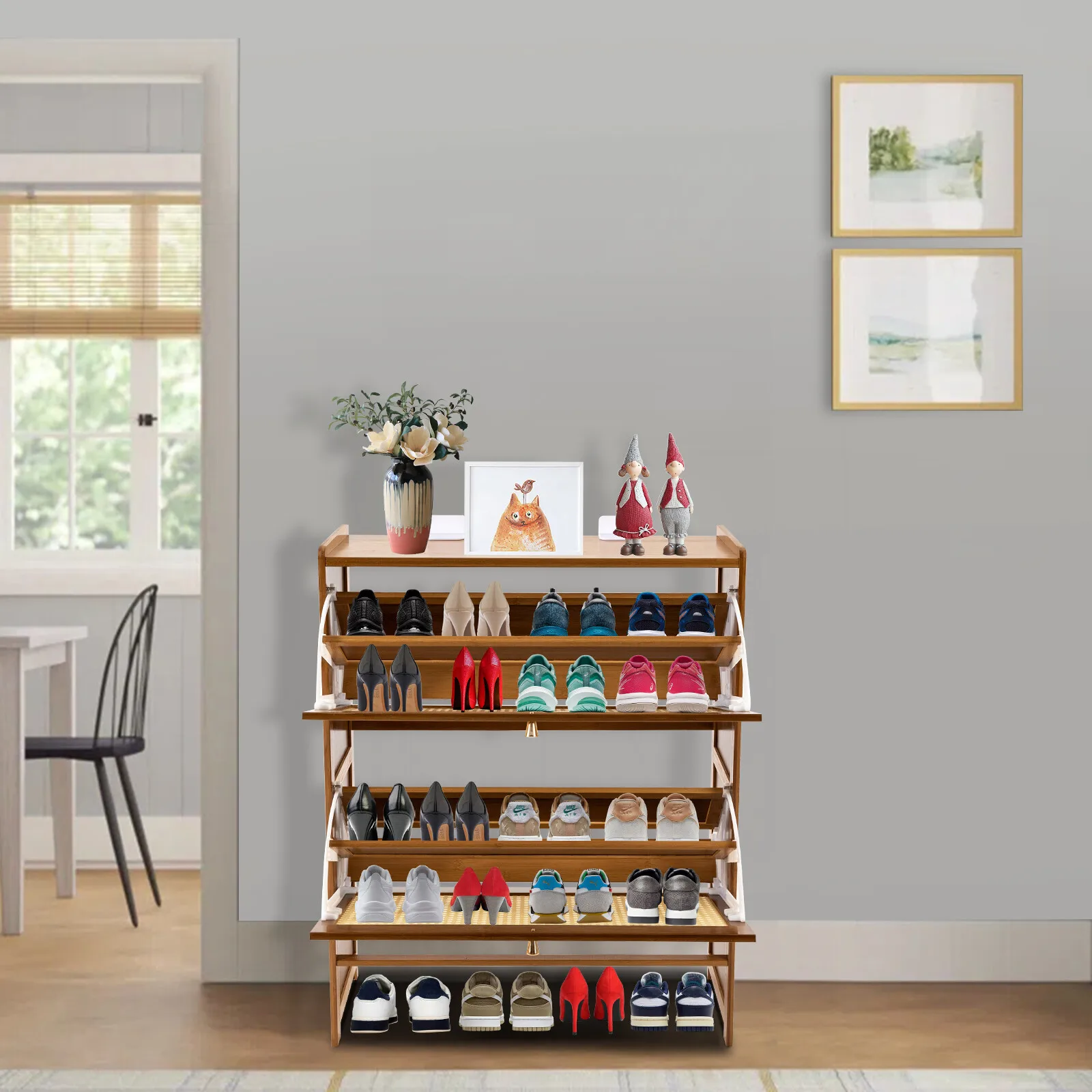 

Rattan Shoe Cabinet 2 Flip Drawers Shoe Rack Storage Organizer for Entryway Home