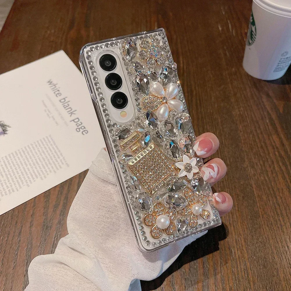 

Luxury Bling Rhinestone Perfume Bottle Phone Cover, Clear PC Case, Glitter Crystal Pearl Flowers, Fit for Samsung Z Fold 5 4 3 2