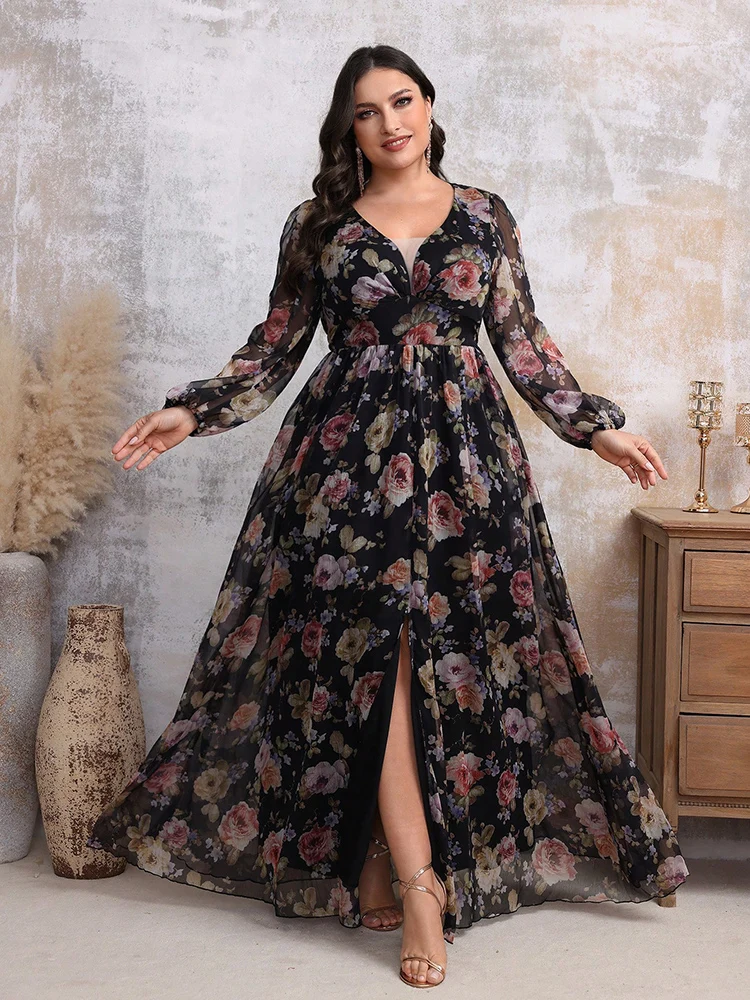 TOLEEN-Abito lungo da donna con stampa floreale, taglie forti, primavera, elegante, vita, spacco arricciato, orlo grande, casual, Boho, vacanza, 2024