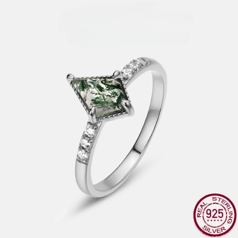 

New S925 pure silver green moss ring, water grass agate finger ring, noble European and American style wedding jewelry