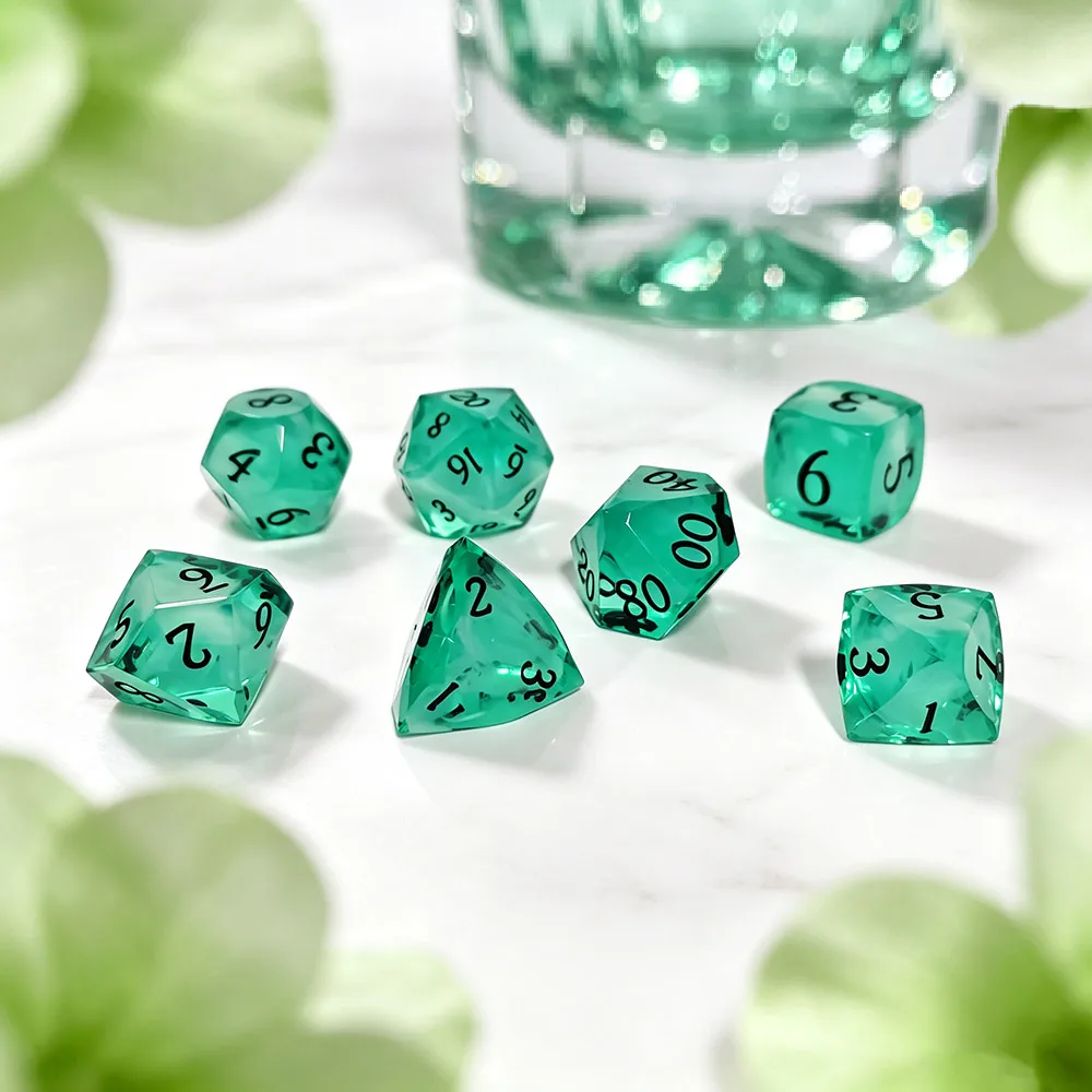 7Pcs Resin Multifaceted Sharp Edge Dice Set, Transparent Green Color, Black Numbers, Tabletop Game Dice For DND RPG Role Playing