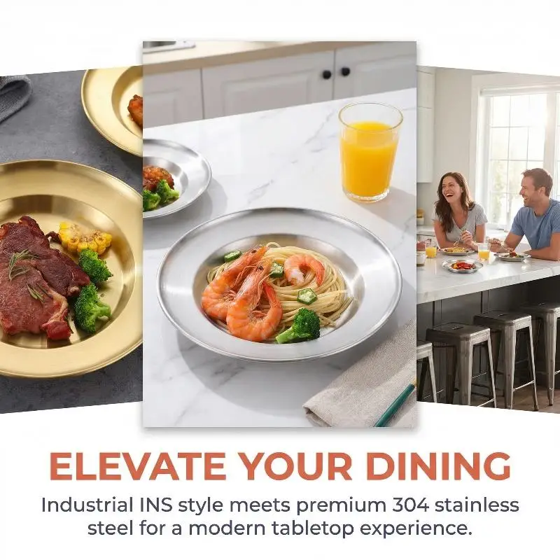 Stainless Steel Plate Round Metal Dish Durable Rustproof Food Dinner Plate Tableware for Camping Picnic Events