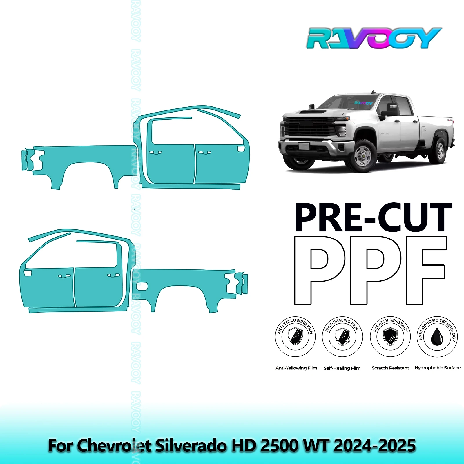 

For Chevrolet Silverado HD 2500 WT 2024-2025 8.5mil Clear Matte Pre-Cut PPF Door & A/B Pillar Kit TPU Paint Protection Film Set