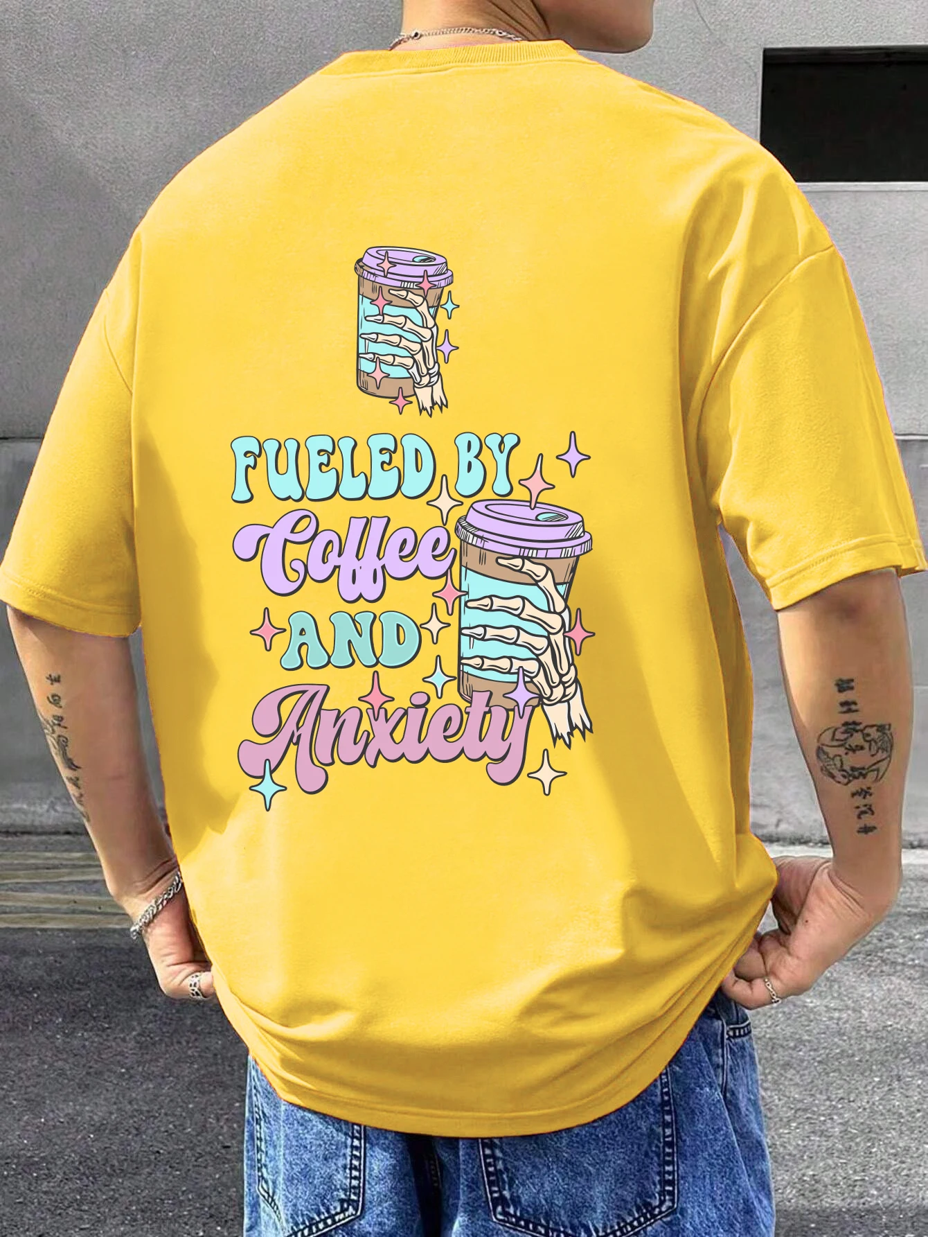 Angetrieben Durch Kaffee Und Angst Drucke Männer T-Shirt Sommer Hip Hop Lose T-shirt Atmungsaktive Baumwolle Kurzarm Sommer Unisex Top