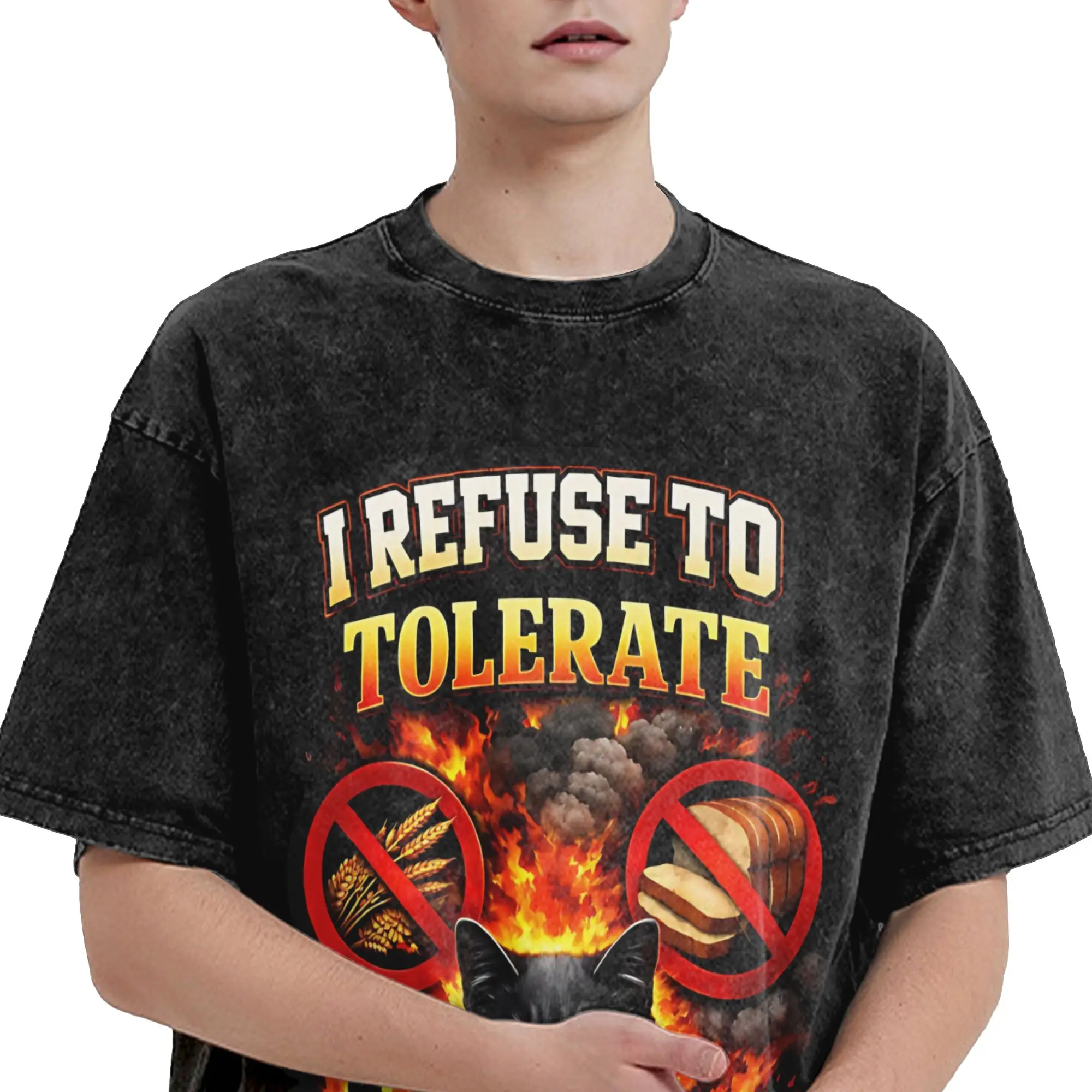 Harajuku Washed Shirts I Refuse To Tolerate Gluten Funny Cats Apparel Vintage T-Shirts Oversize Short Sleeve Printed Tops Tees