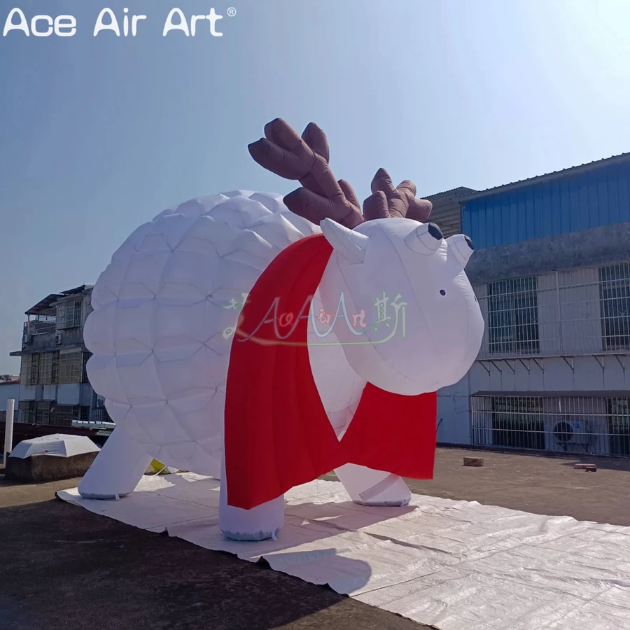 White Advertising Promotional Inflatable Big British Sheep with Red Scarf Replica Animal Model for Event Decoration