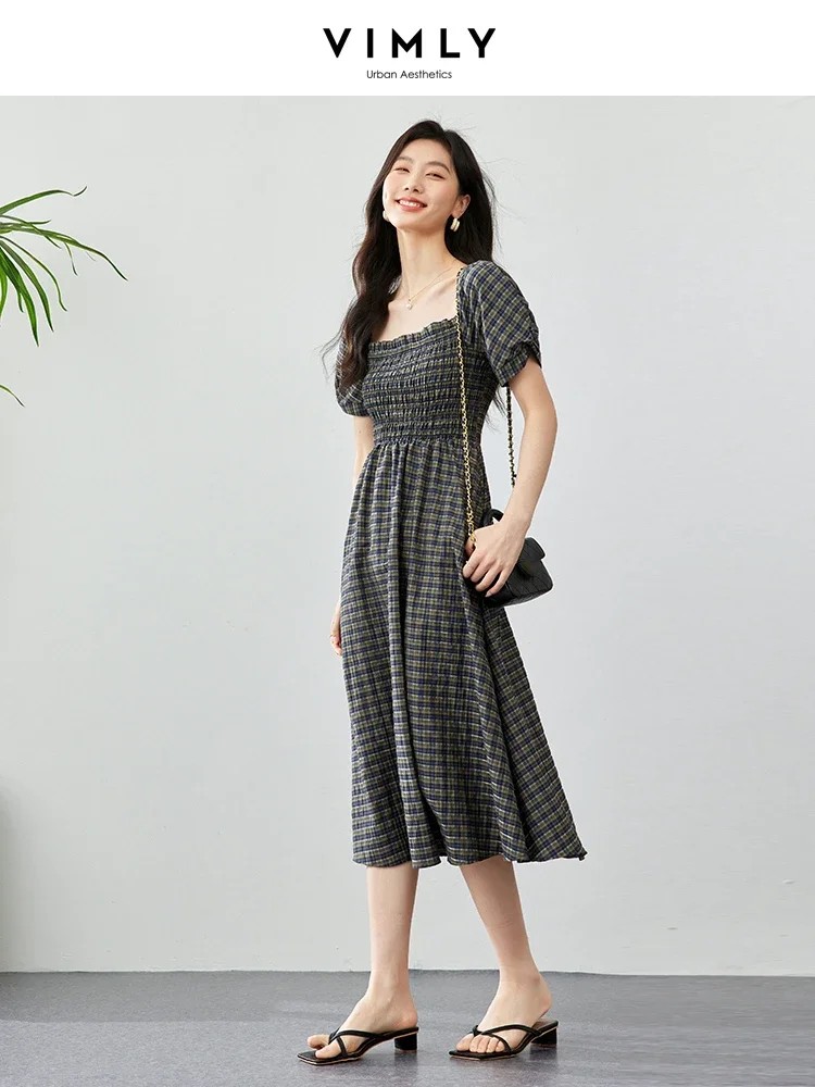 VIMLY Summer Women\'s Commuting Style Square Neck Elastic Waist Plaid Print Dress Summer Casual Puff Sleeve Slim Long Dress M7056