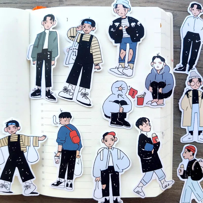 17pcs Hand Account Sticker Cute Salt Korean Boy Day Wear Diary Mobile Phone Case Stationery Box Decorative Material