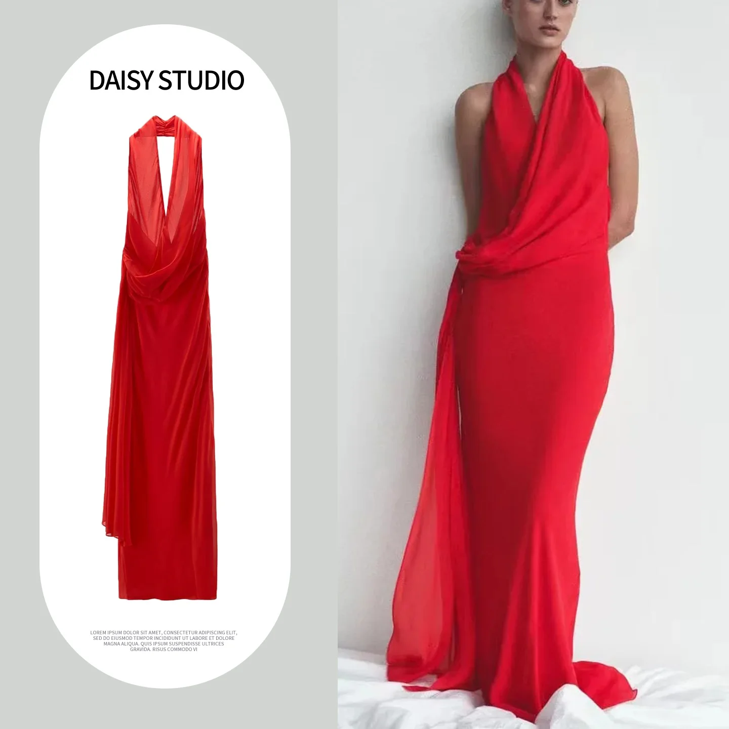 

Summer New Arrival Women's Ins Style Pleated Double-Breasted V-Neck Halter Dress Slim Fit Fish Tail Skirt Polyester Fabric