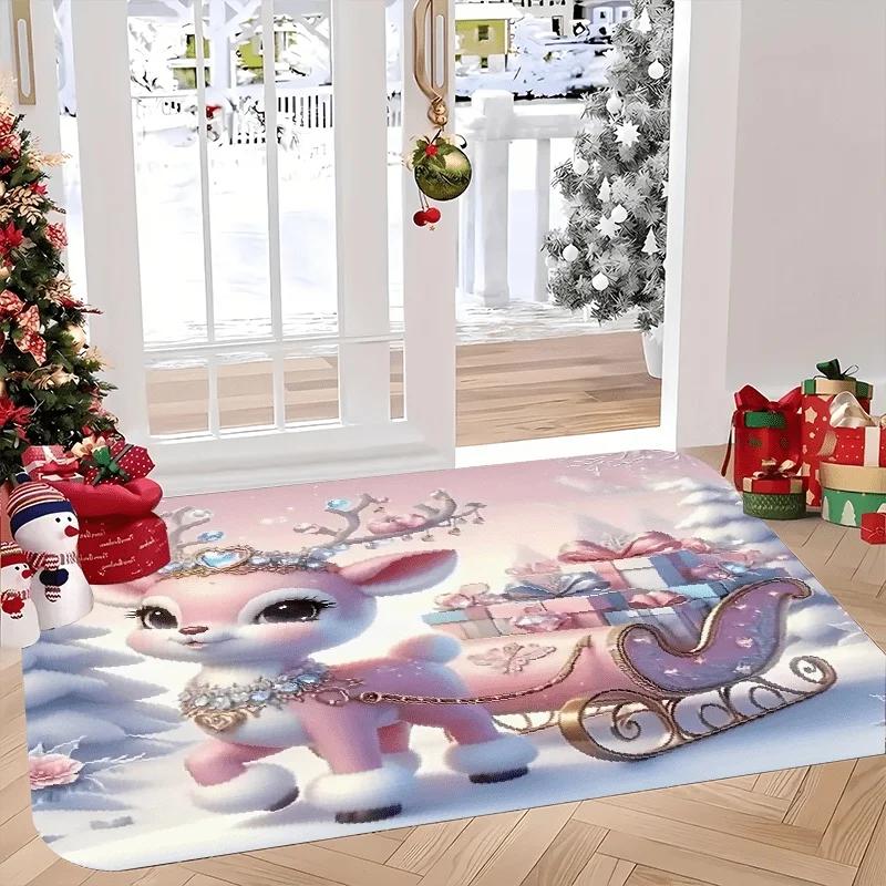 Pink Reindeer Sleigh Christmas Doormat, Winter Gift Snow Scene Printed Floor Mat, Cute Xmas Indoor Entrance Rug