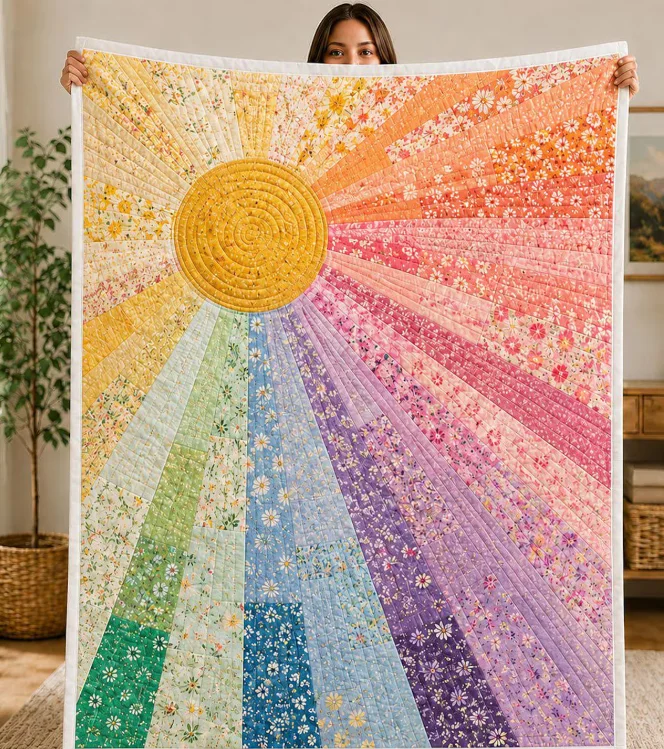 Sunshine Flower Quilt Blanket, Colorful Floral Throw, Boho Rainbow Bedding, Bright Cottagecore Room Decor Gift