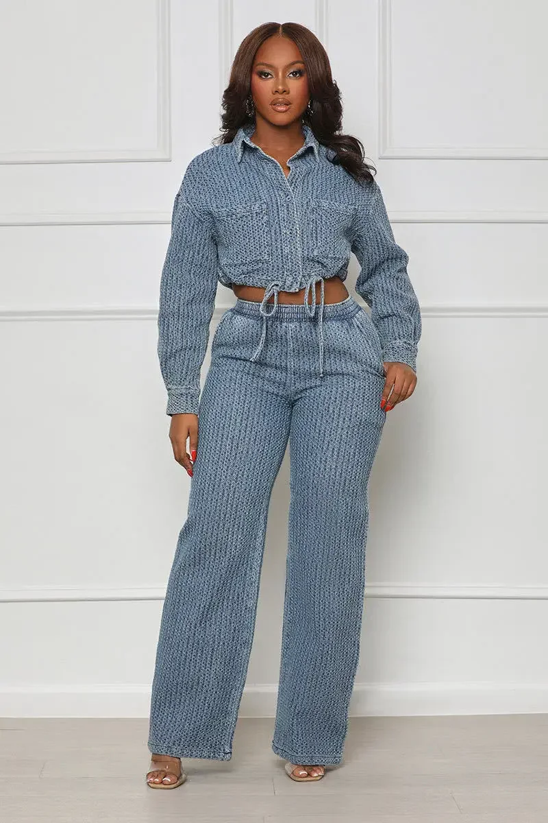 Women Denim Pant Set Two Piece Sets Slim Fit Sexy Turn Down Collar Full Sleeve Coats Tops Long Pants High Elastic Waist