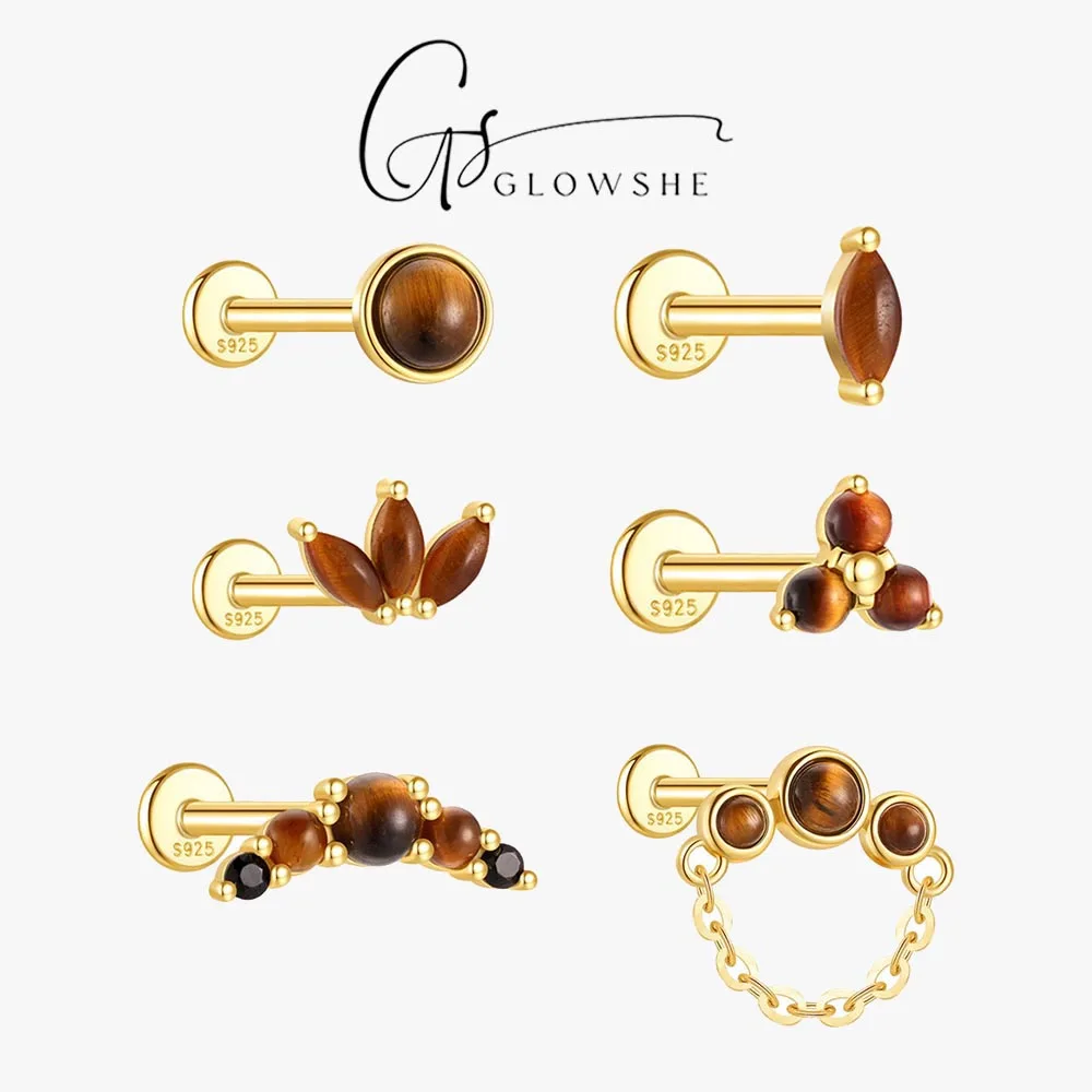 

Glowshe 100% 925 Sterling Silver Tiger Eye Stone Cartilage Piercing Stud Earrings 1PCS Women's Fine Jewelry High Quality Gifts