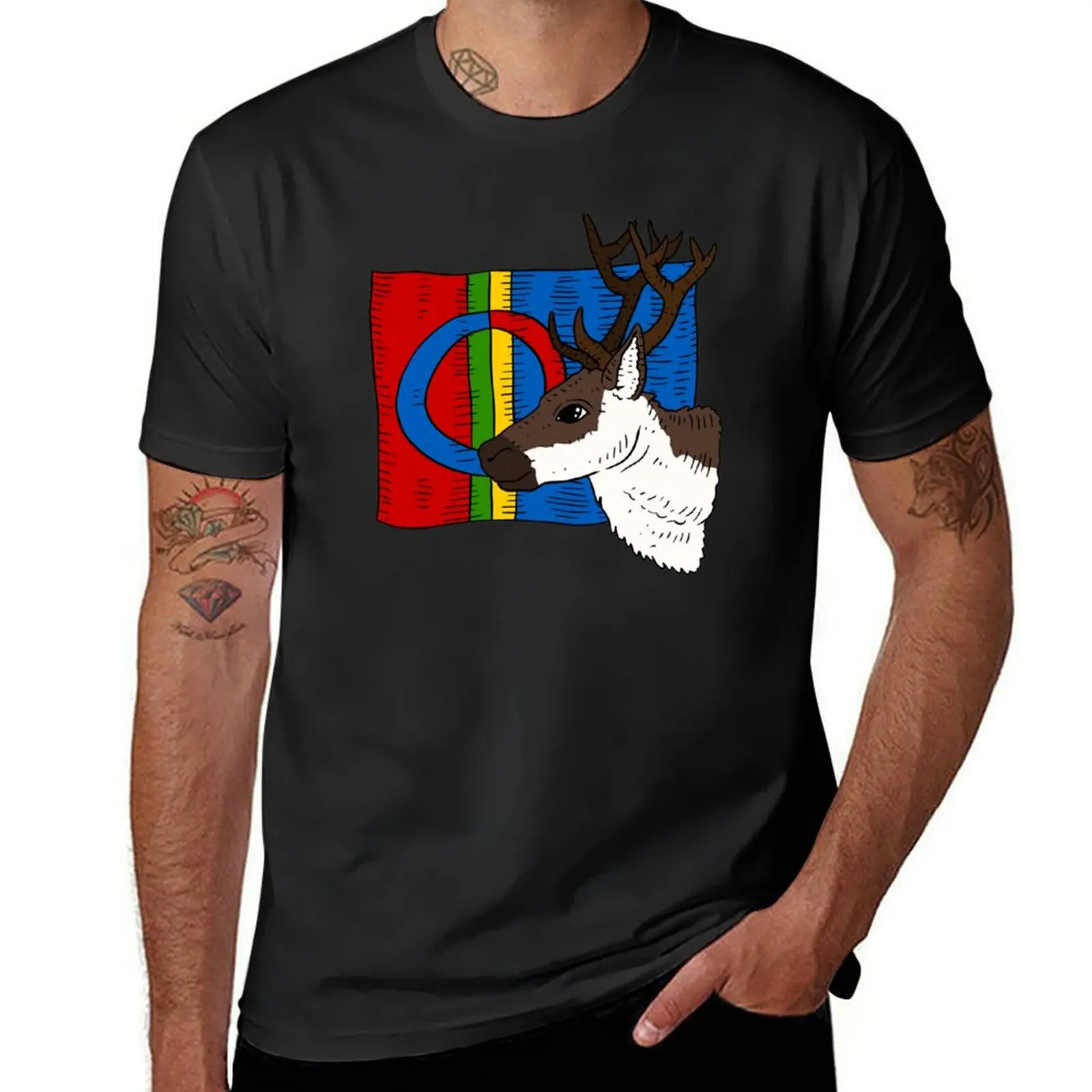 sami flag and reindeer. Sámi people. T-Shirt funnys tops black t shirts for men