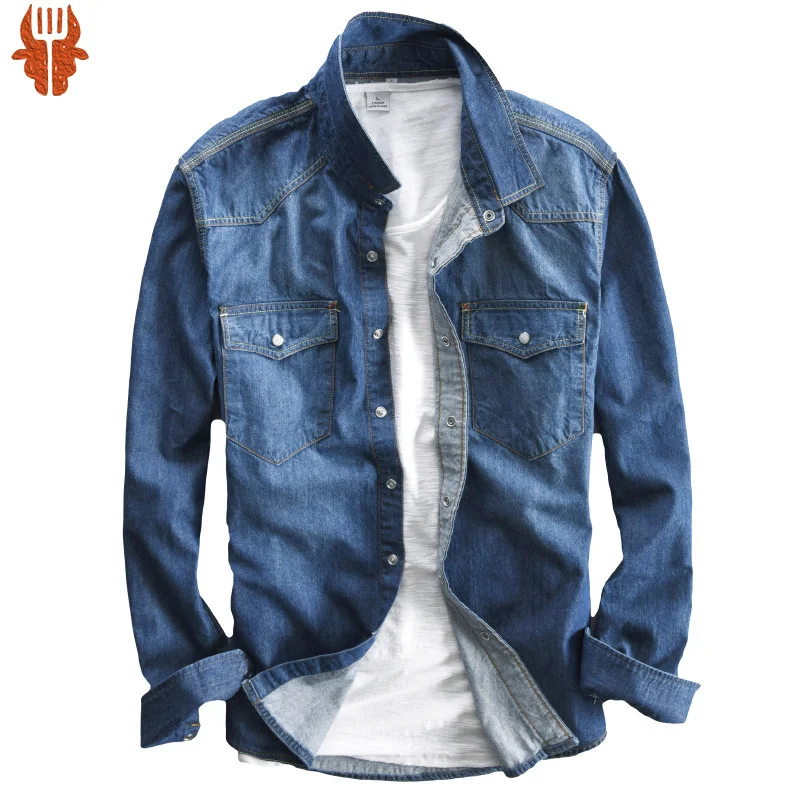 

Men's long-sleeved solid denim shirt fashion brand Classic retro denim Pocket decoration Business shirt Spring and Autumn Tops