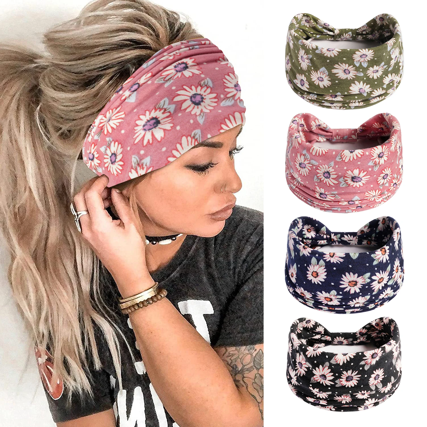 

Bohemian Headbands Wide Turban Headband Stretch Hair Bands Knoted Head Wraps Yoga Hairband Hair Accessories for Women and Girls