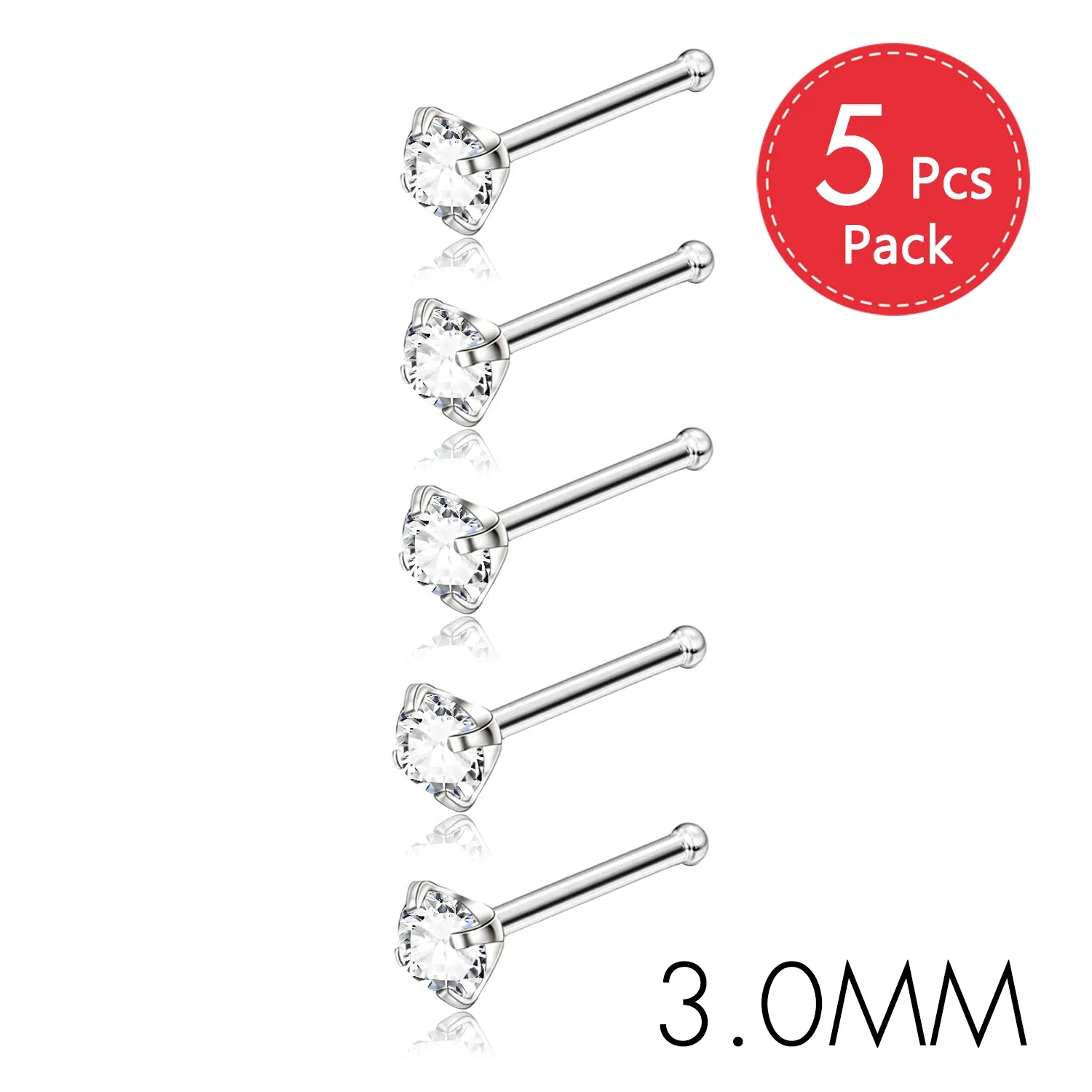 CZ Gem Stainless Steel Nose Piercing Studs, 5Pcs Set