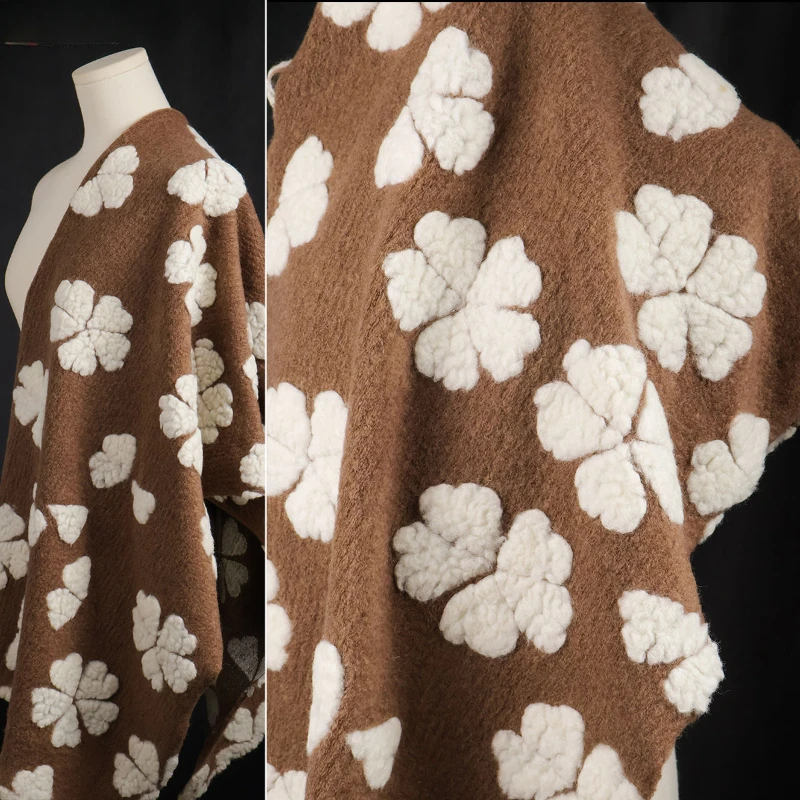 Fluffy Autumn and Winter Brown Clover Three-dimensional Jacquard Knitted Wool Cashmere Fabric Coat Designer Fabric