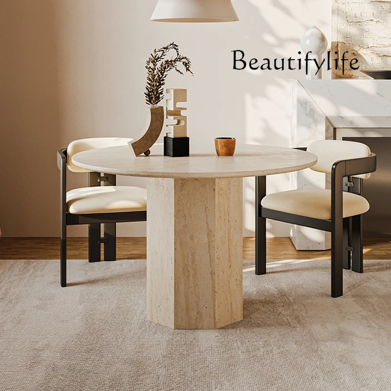 

French natural travertine dining table designer wabi wind marble living room retro light luxury round dining table tea