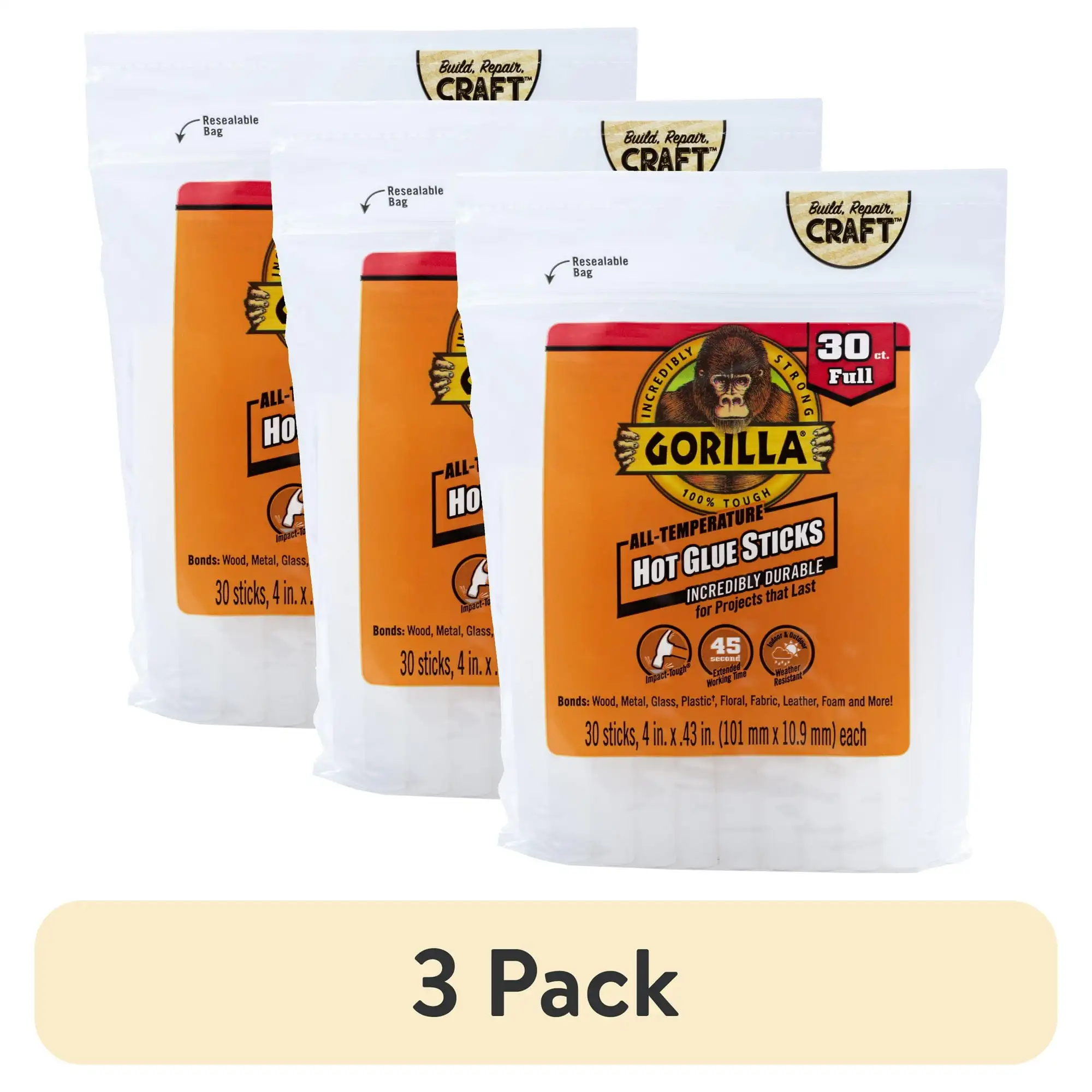 

(3 pack) Gorilla Glue Clear 4 inch Dual Temp Full-Size Hot Glue Sticks, 30 Count