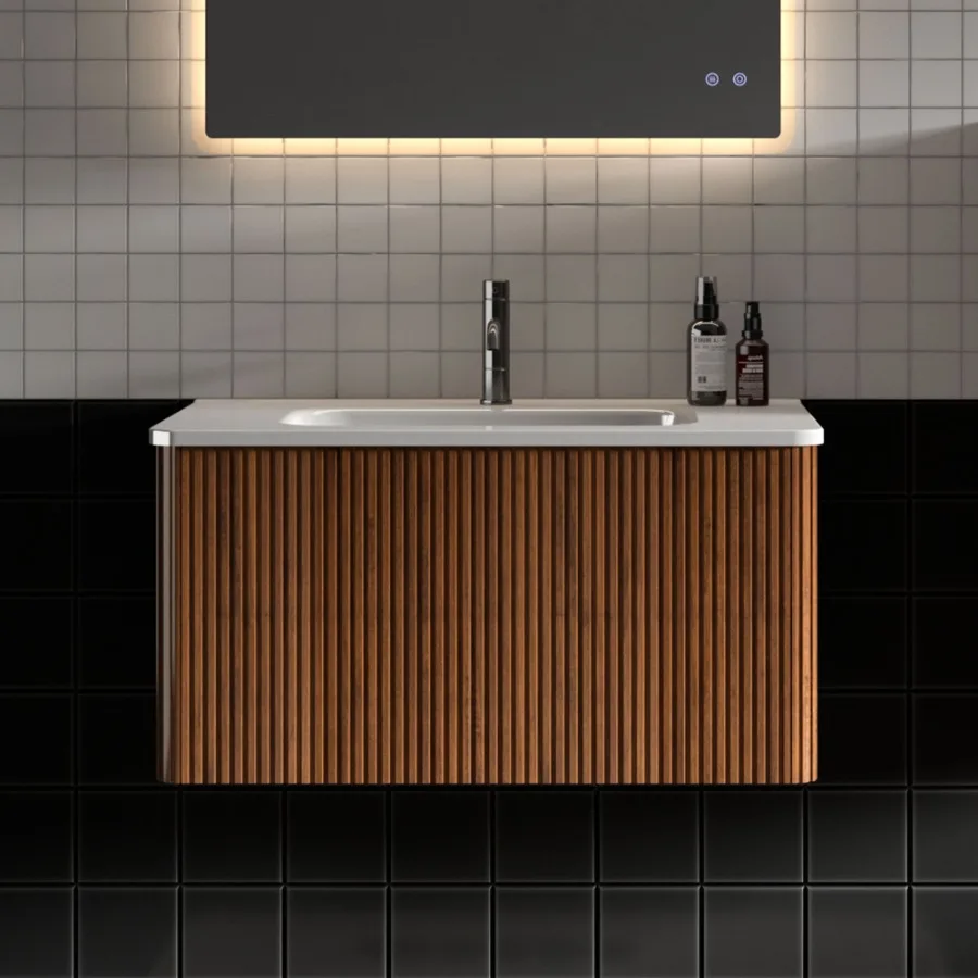 

Полосатый туалетный столик из орехового дерева с белой керамической раковиной, настенный плавающий туалетный столик для современной ванной комнаты, цельный белый цвет