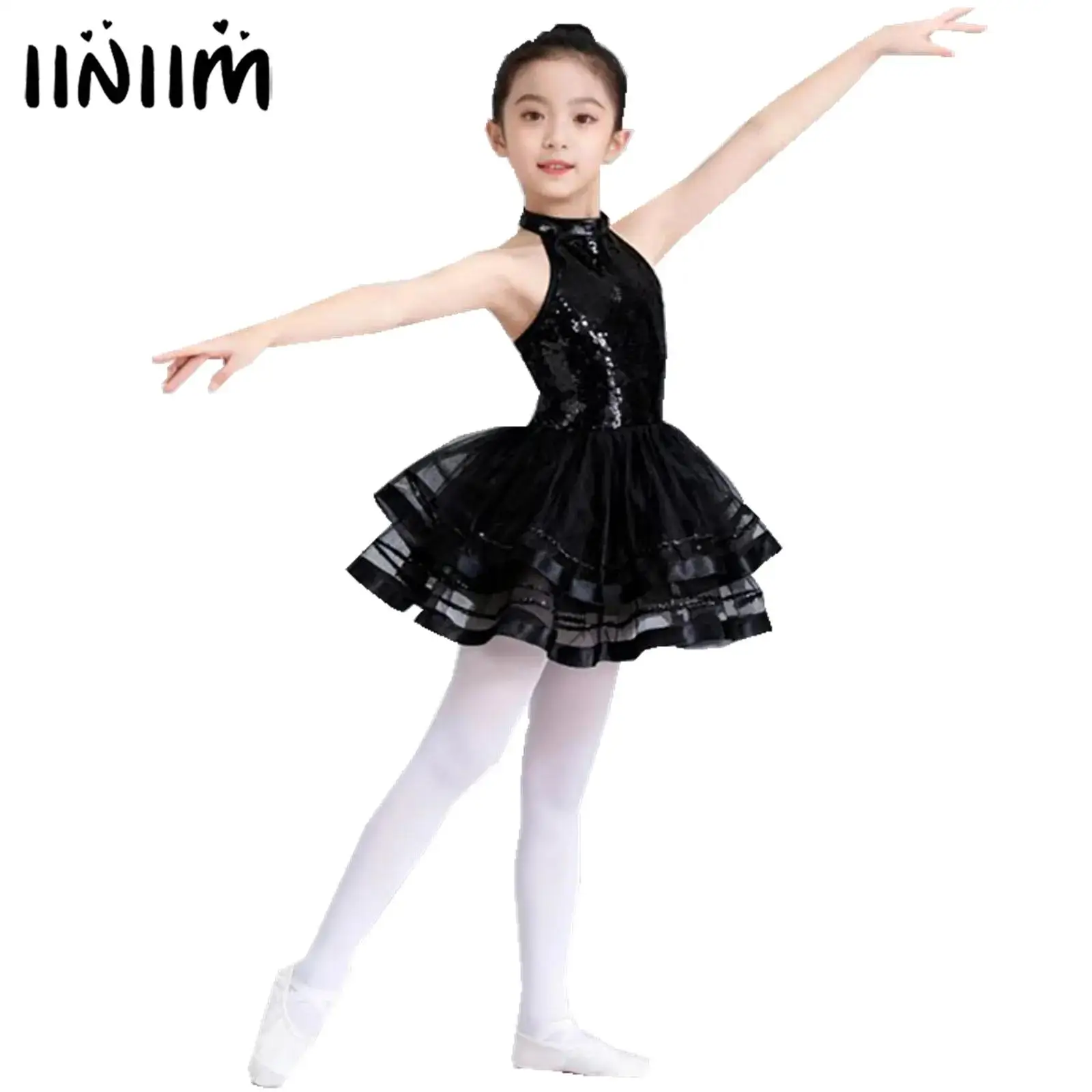 Bambini Ragazze Paillettes scintillanti Ginnastica Body Balletto Tutu Maglia Abito da ballo Principessa Ballerina Costumi di danza latina