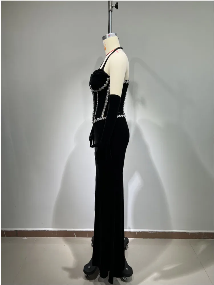 Top Quality Black Color Women Sexy Halter Backless Big Crystal Velvet Bodycon Long Dress Gloves Elegant Evening Party Prom Dress