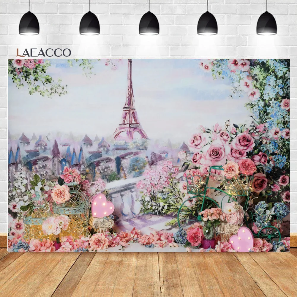 

Laeacco Spring Pink Eiffel Tower Flowers Kids Birthday Bakcdrop Baby Shower Newborn Portrait Customized Photography Background