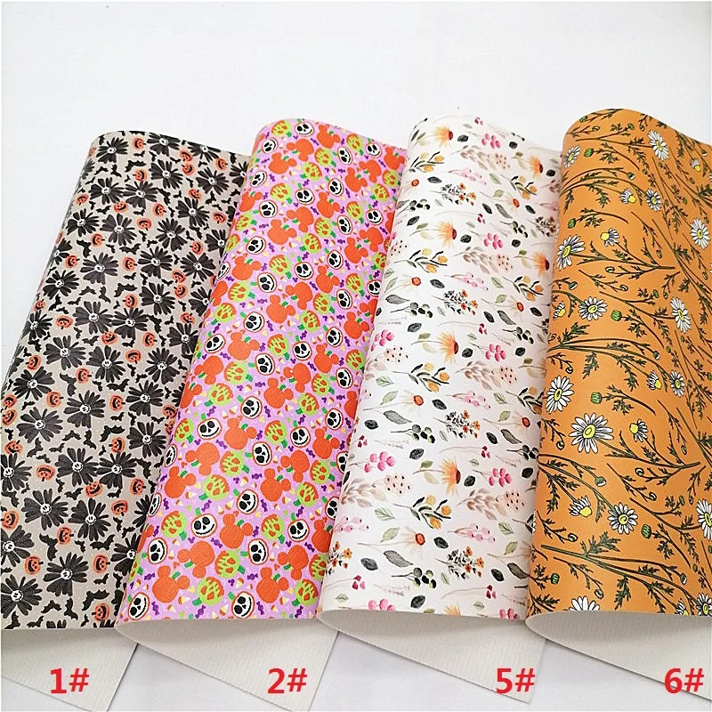 Autumn Daisy Flowers Pumpkins Synthetic Leather Fabric Sheets Faux Leather For Bags Shoes Bows DIY Craft Sheets Mini Rolls W192